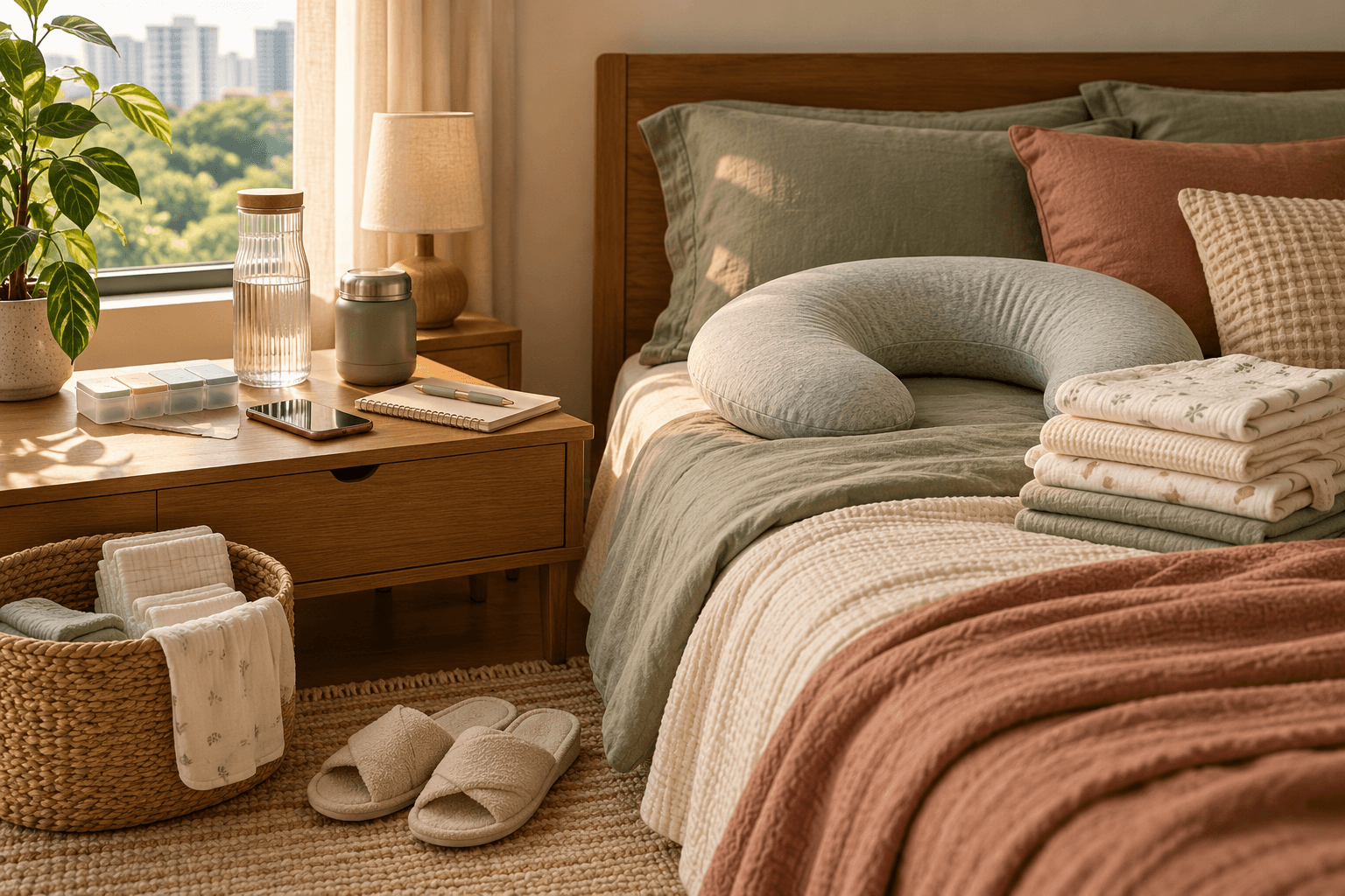 A sunlit bedroom with a bedside recovery setup, feeding pillow, folded baby textiles, slippers, and a lightweight basket within easy reach.