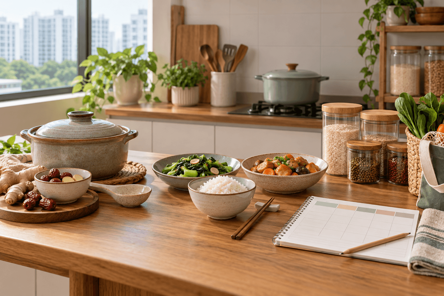 A sunlit kitchen counter with soup, rice, vegetables, ginger, red dates, pantry jars, and an open weekly meal planner.
