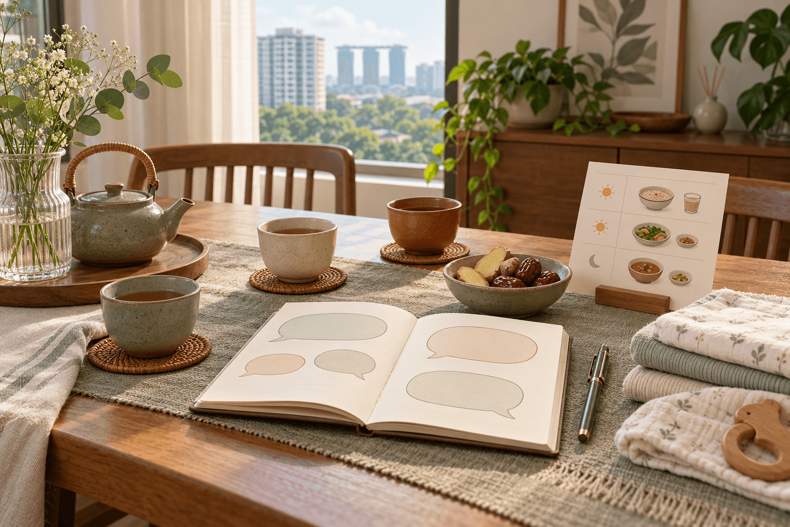 阳光下的餐桌摆着三只茶杯、摊开的对话笔记本、膳食时间表、姜片、红枣和叠好的婴儿布巾。