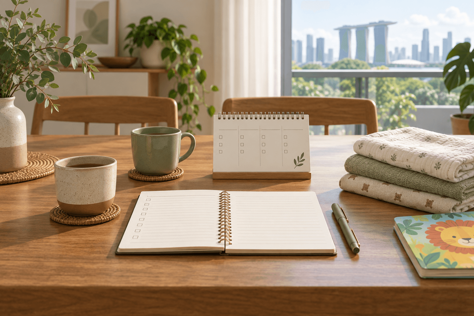An open interview notebook, checklist calendar, two cups, folded baby textiles and a toddler book on a sunlit dining table.