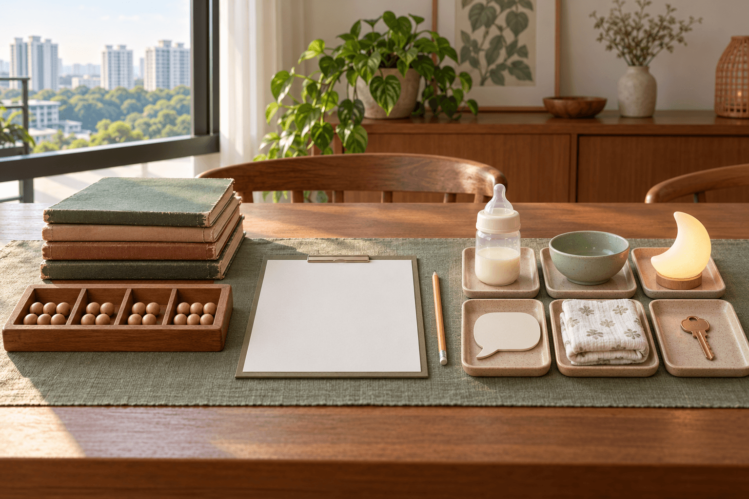 Worn notebooks and a counting tray beside a blank comparison sheet and household symbols for feeding, meals, night care, communication, a toddler, and home.