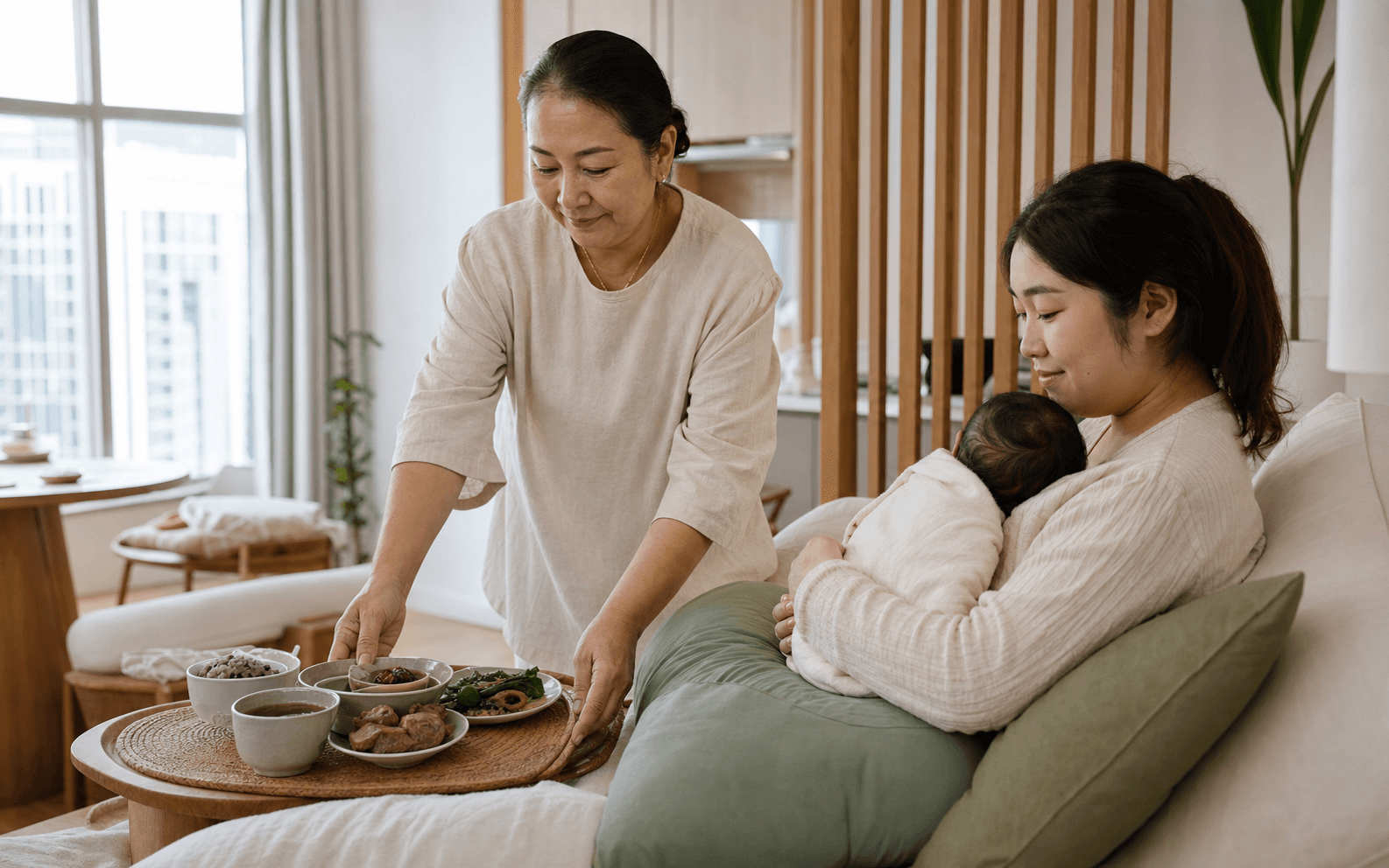 A confinement nanny serves a nourishing meal to a mother resting with her newborn at home